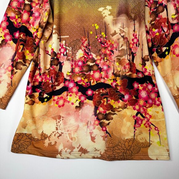CItron Santa Monica Top Medium Pink Coral Tan Floral Blossom Art Print Stretch - Picture 5 of 13